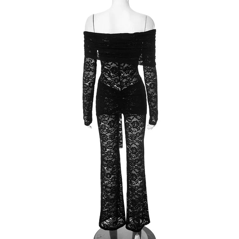 Lace jumpsuit with train and off-shoulder design - Gefen