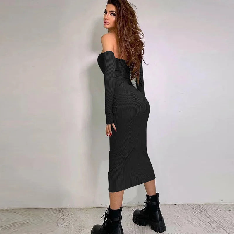 Knitted Midi Dress with Off-Shoulder - Michaela