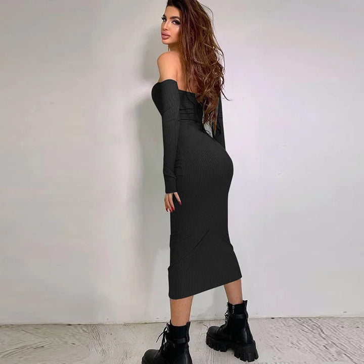 Knitted Midi Dress with Off-Shoulder - Michaela