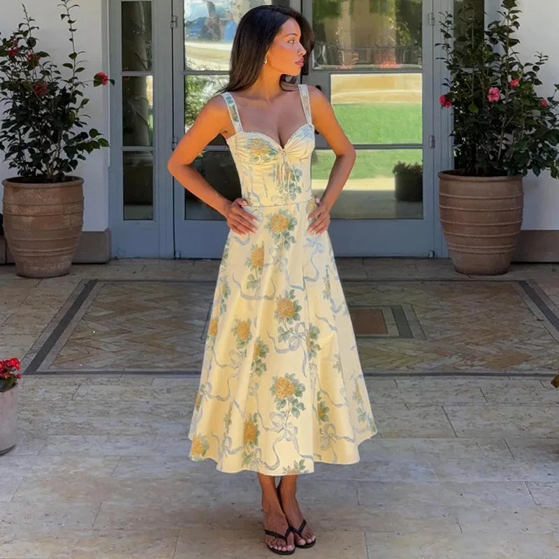 Elegant floral print midi A-line dress - Florine