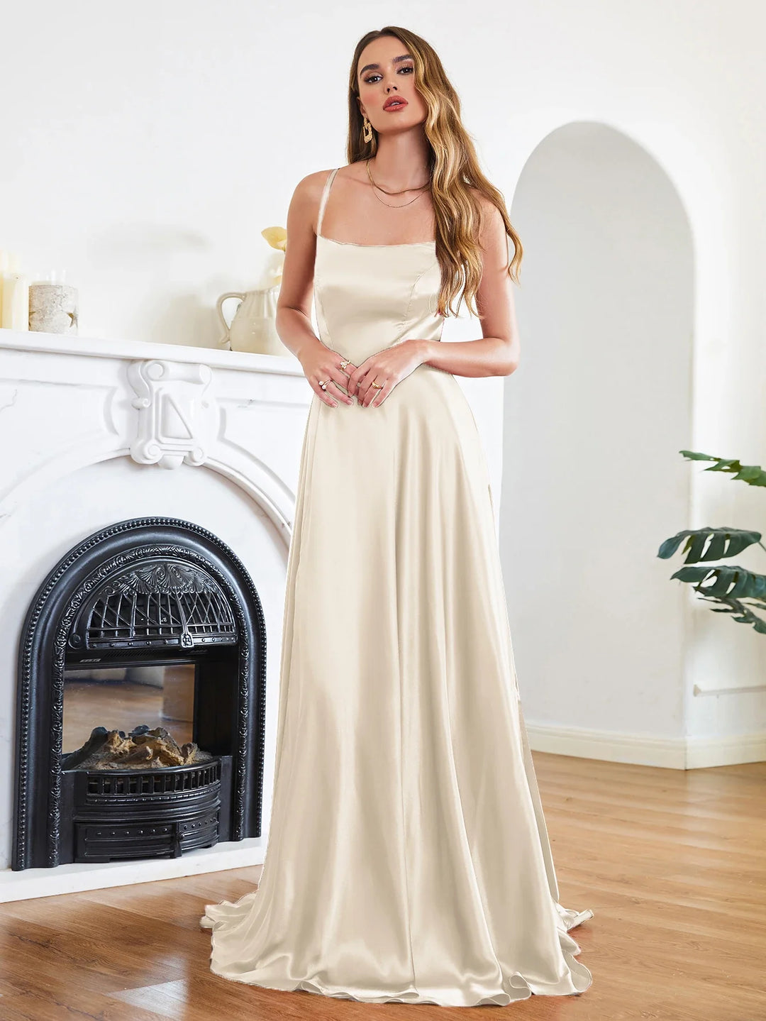 Elegant Maxi Satin Dress with Slit, A-Line Design, Back Tie - Prince