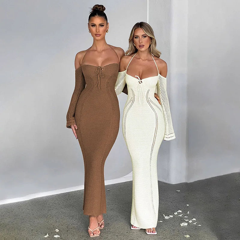 Knitted Dress with Long Sleeves and Bare Shoulders - Alaya