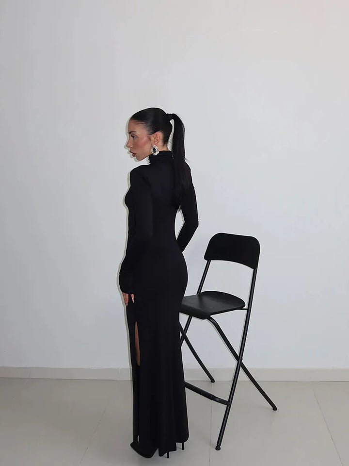 Elegant Maxi Dress with Slit Decoration and Turtleneck Collar - Eliana