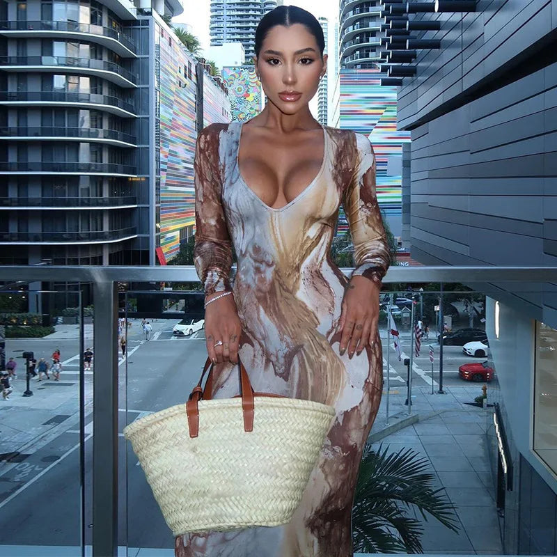 Tight Maxi Dress with Special Print - Storm