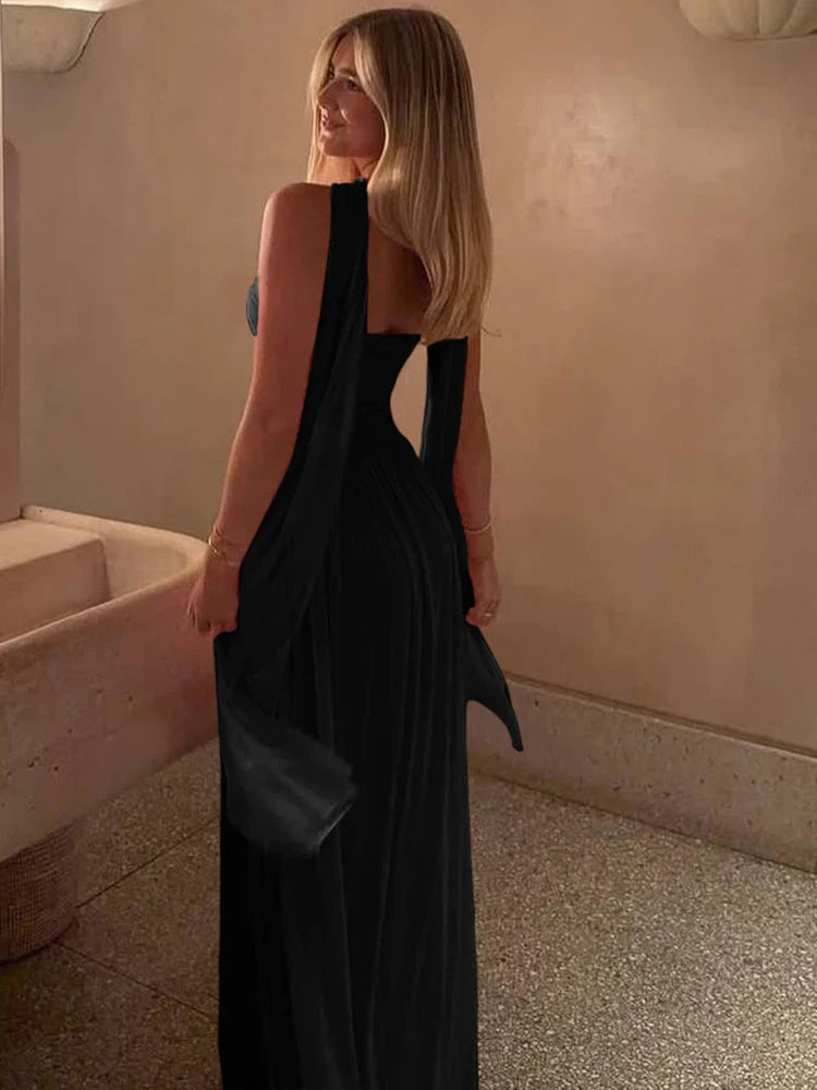 Strapless chiffon maxi dress with ruching and matching scarf decoration - Mia