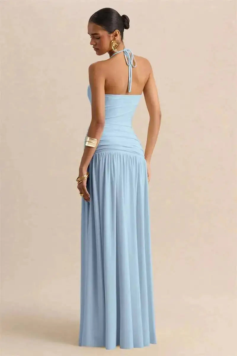 Pleated maxi dress with a neck tie and open back - Tuval