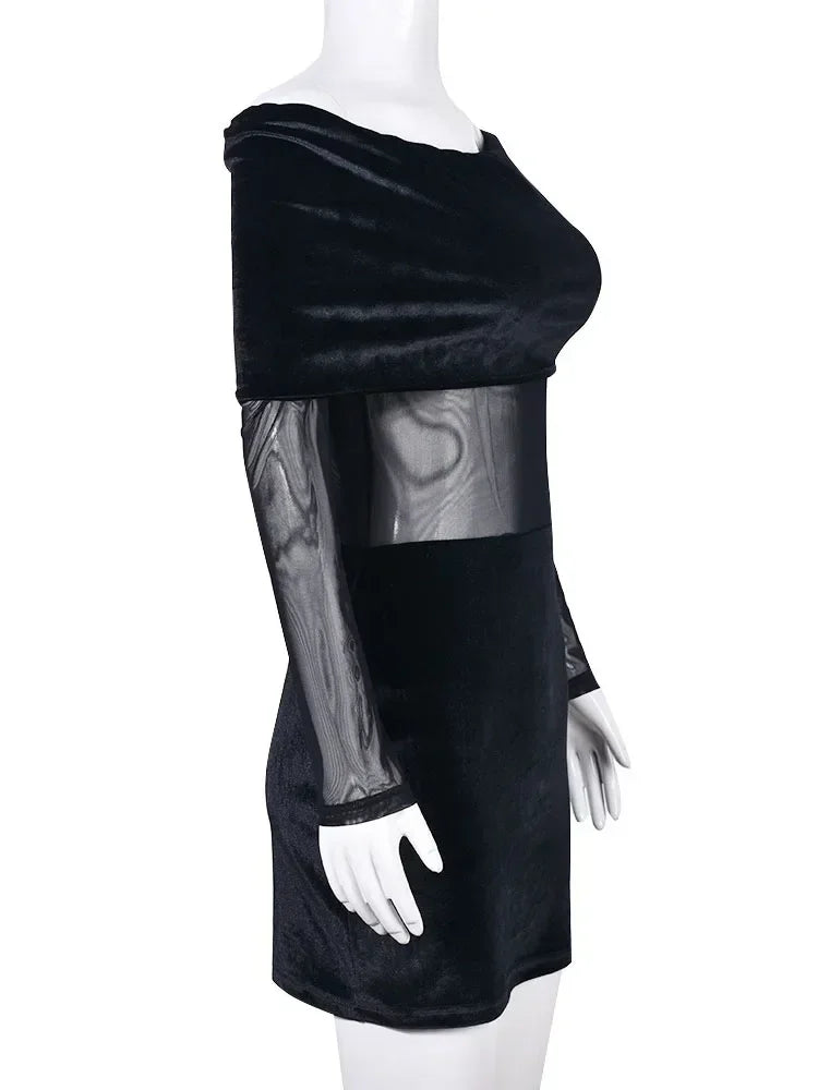 Velvet off-shoulder mini dress with mesh design - Shariel