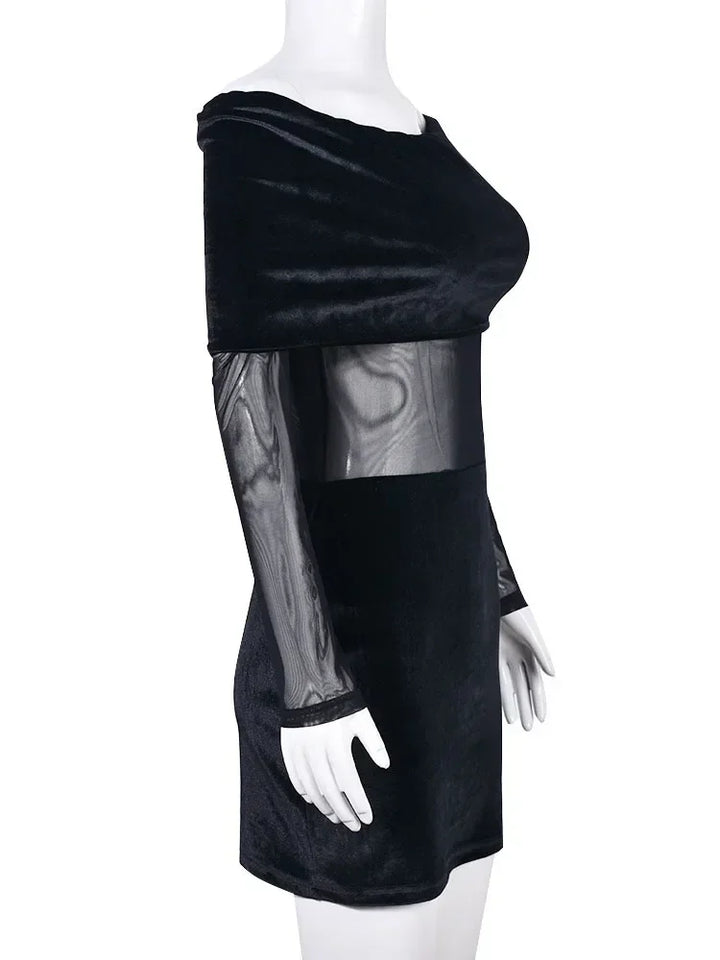 Velvet off-shoulder mini dress with mesh design - Shariel