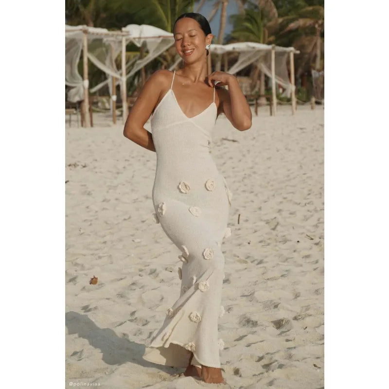 Knitted Maxi Dress with Floral Appliqués and Back Tie Detail - Malaya