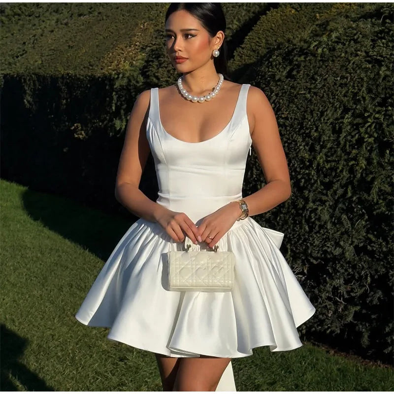Satin Mini Dress with Open Back and Bow Embellishment - Reese