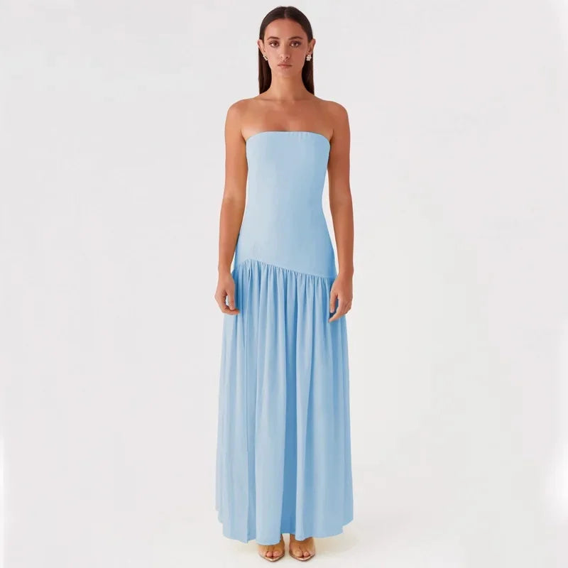 Maxi Strapless Chiffon Dress with Slit Detail - Pia
