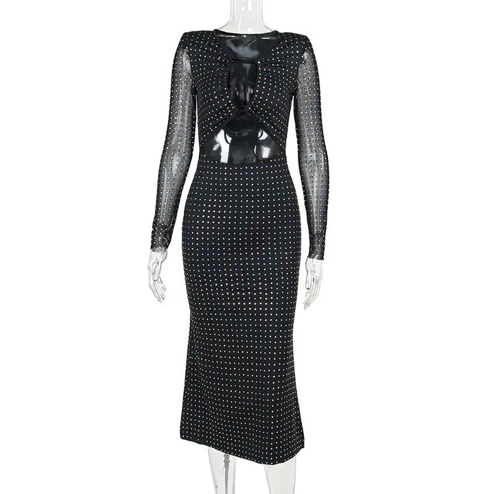 Maxi evening dress with sequins, decorated with a tie neckline - Michaela