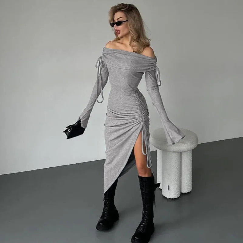 Off-Shoulder Maxi Dress with Slit, Ruching, and Tie Lace Detail - Aisha