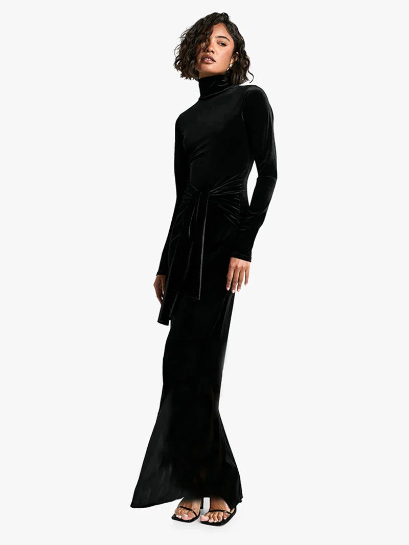 Velvet maxi dress with turtleneck and tie design - Karina