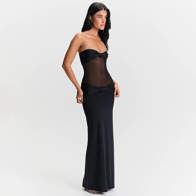 Maxi Dress with Removable Straps, Ruched and Mesh Design - Blair