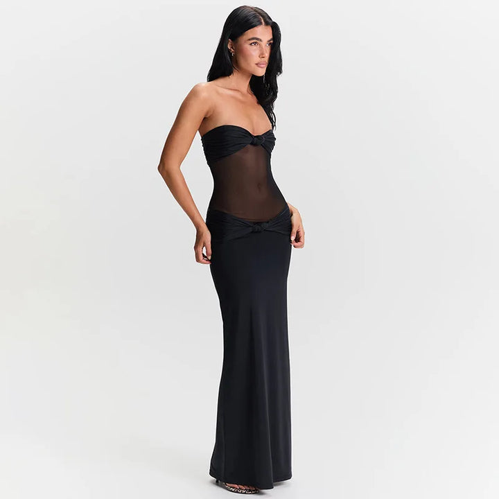 Maxi Dress with Removable Straps, Ruched and Mesh Design - Blair