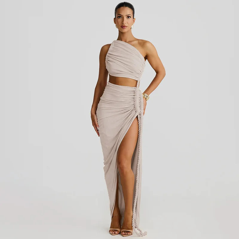 Maxi One-Shoulder Dress with Cutout and Slit, Braided Detail - Panama