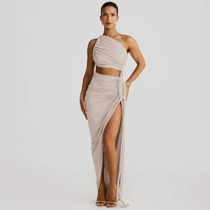 Maxi One-Shoulder Dress with Cutout and Slit, Braided Detail - Panama