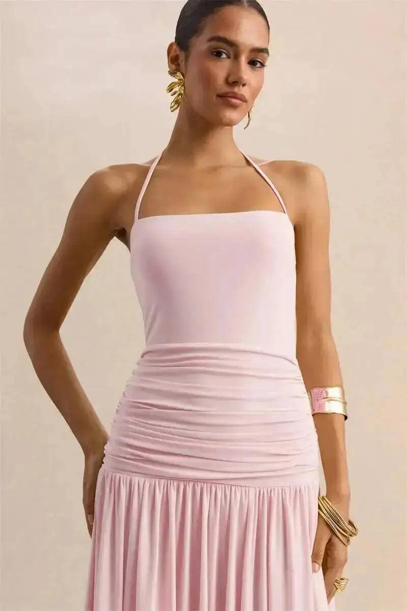 Pleated maxi dress with a neck tie and open back - Tuval