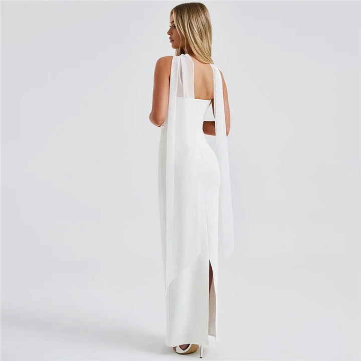 Maxi strapless dress with glove and chiffon scarf decoration - Annabel