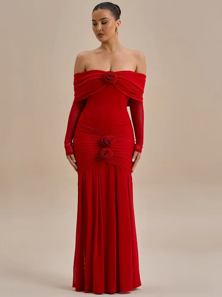 Off-shoulder maxi dress with ruching and floral appliqué decoration - Angelica