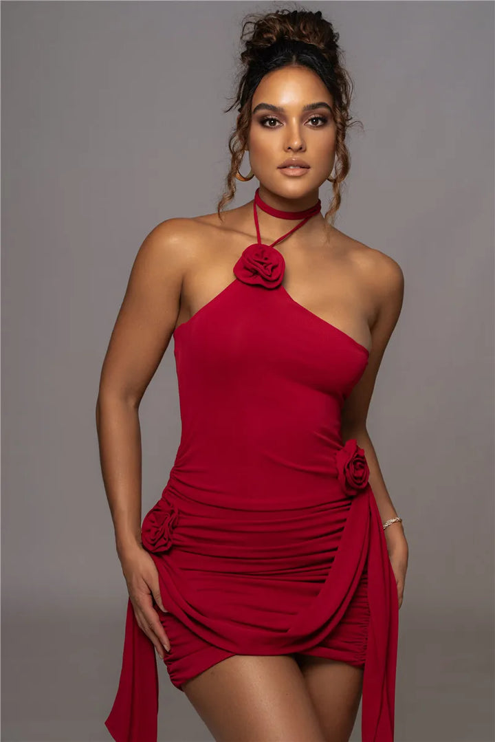 Ruched mini dress with neck tie and floral appliqué - Jasmina