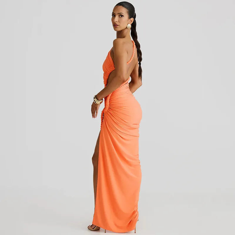 Maxi One-Shoulder Dress with Cutout and Slit, Braided Detail - Panama