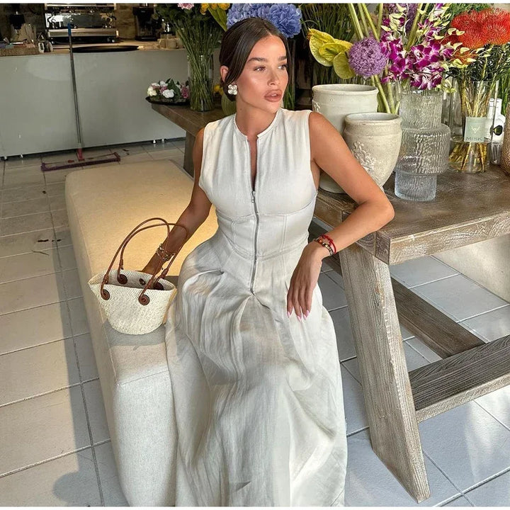Tailored A-Line Maxi Dress with Front Zipper Closure - Adriana
