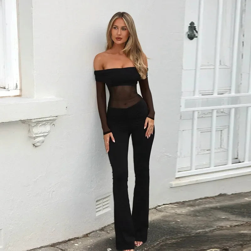 Shaping fabric jumpsuit with mesh design and off-shoulder pedal pants - Maya Lee
