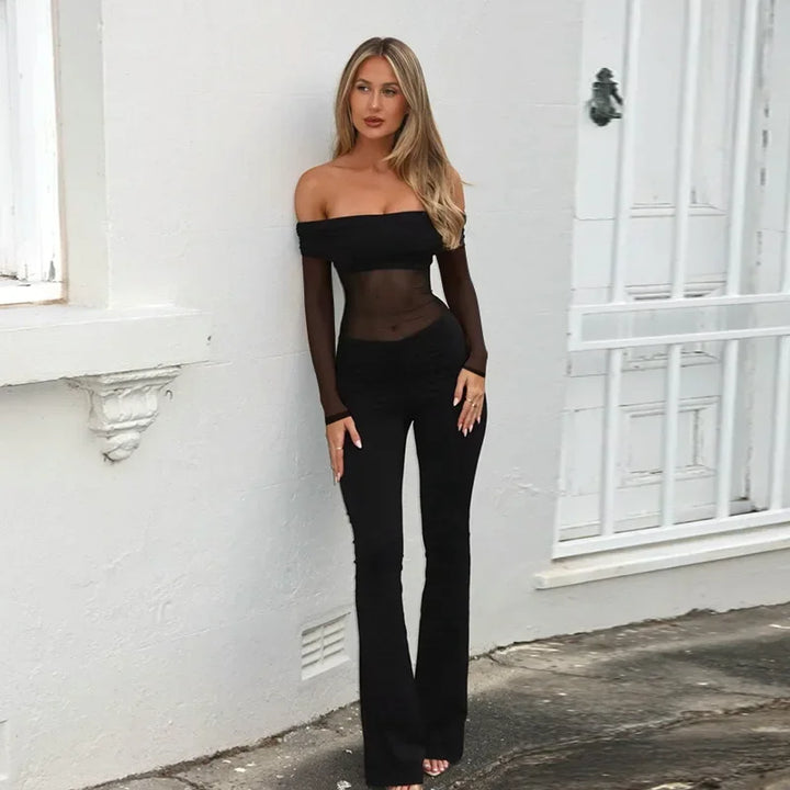 Shaping fabric jumpsuit with mesh design and off-shoulder pedal pants - Maya Lee