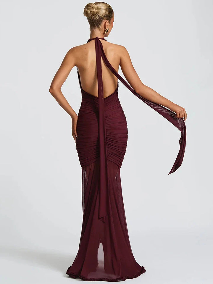 Maxi chiffon dress with ruffles, tie neck, and open back - MARGARITA