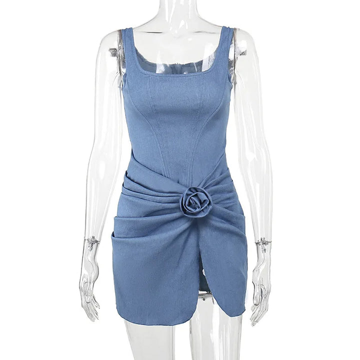 Denim mini dress with corset design and flower detail - Priel