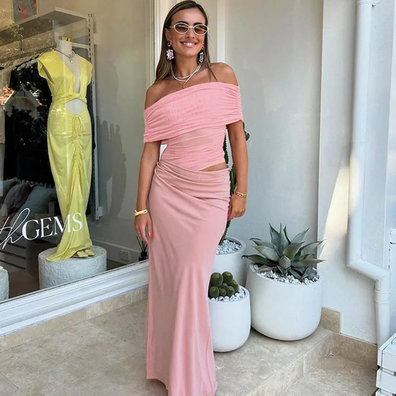 Maxi dress with ruching, mesh design and off-shoulder - Keshet