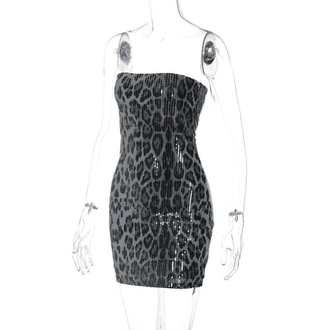 Strapless Sequin Leopard Print Mini Dress - Veronica