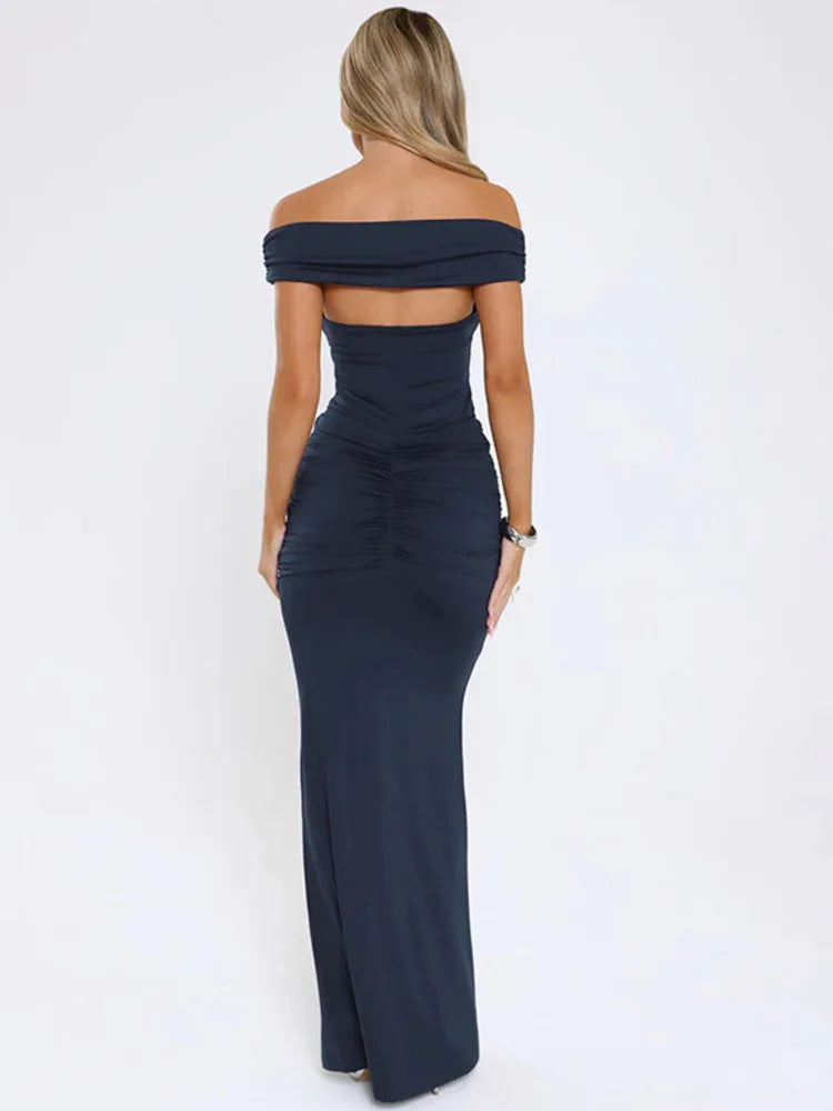 Maxi Dress with Ruching, Off-Shoulder Design, and Ruching Details - Fabiana