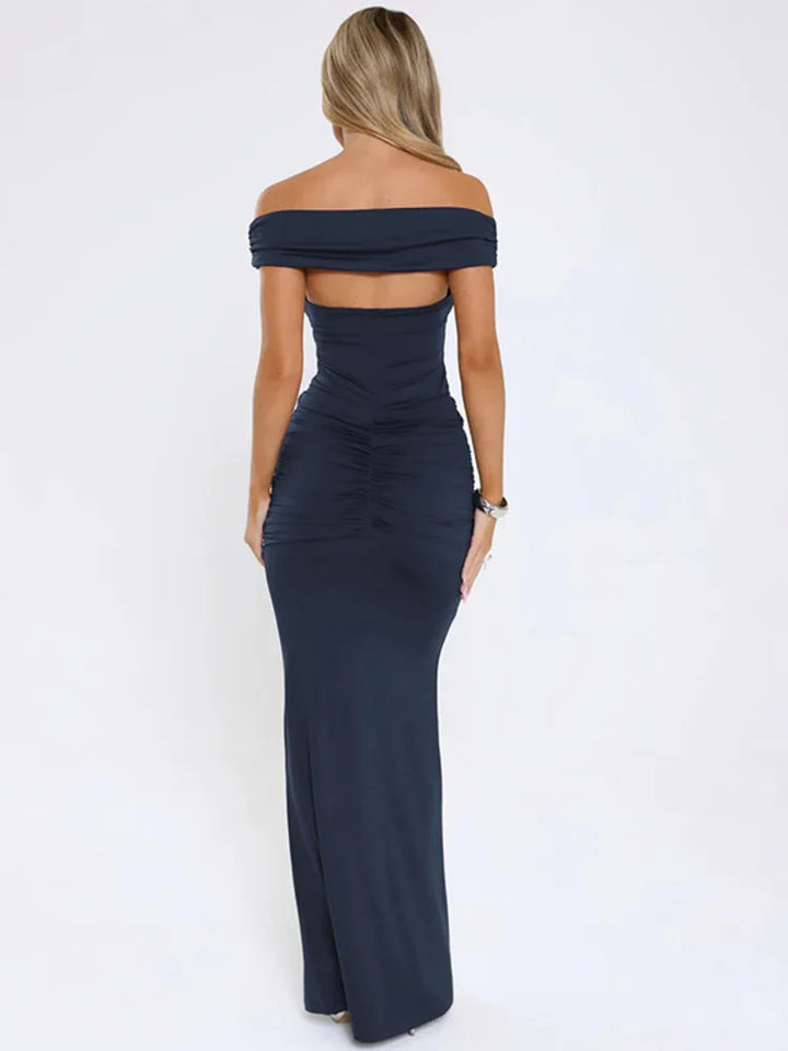 Maxi Dress with Ruching, Off-Shoulder Design, and Ruching Details - Fabiana