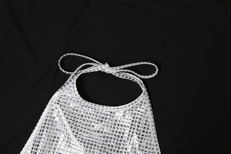 Maxi Dress with Collar, Open Back, and Sparkling Square Design - Casey