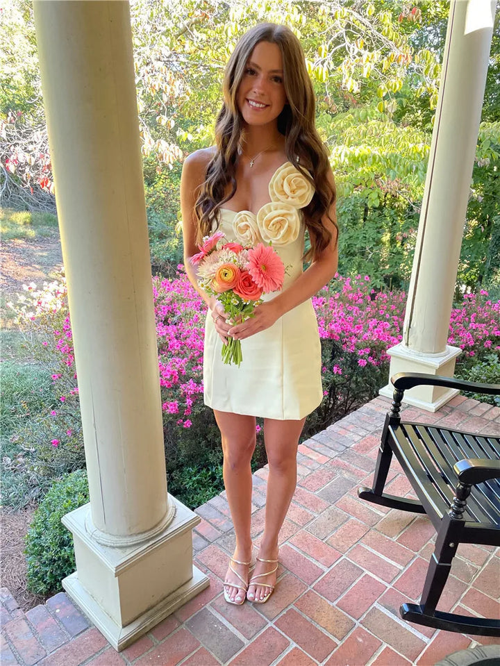 Mini Dress with Floral Applique and One Shoulder Strap - Annika