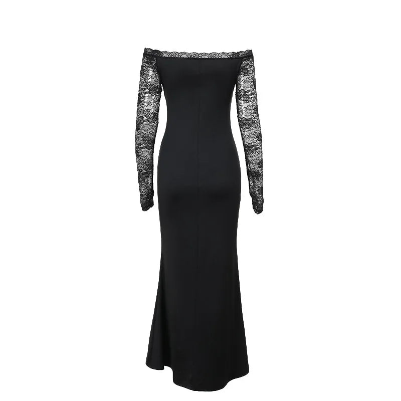 Maxi Dress with Lace Sleeve Detail and Off-Shoulder Design - Barbara