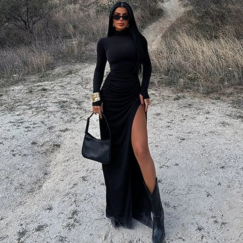 Maxi Dress with Ruching, Turtleneck, and Deep Slit - Sasha
