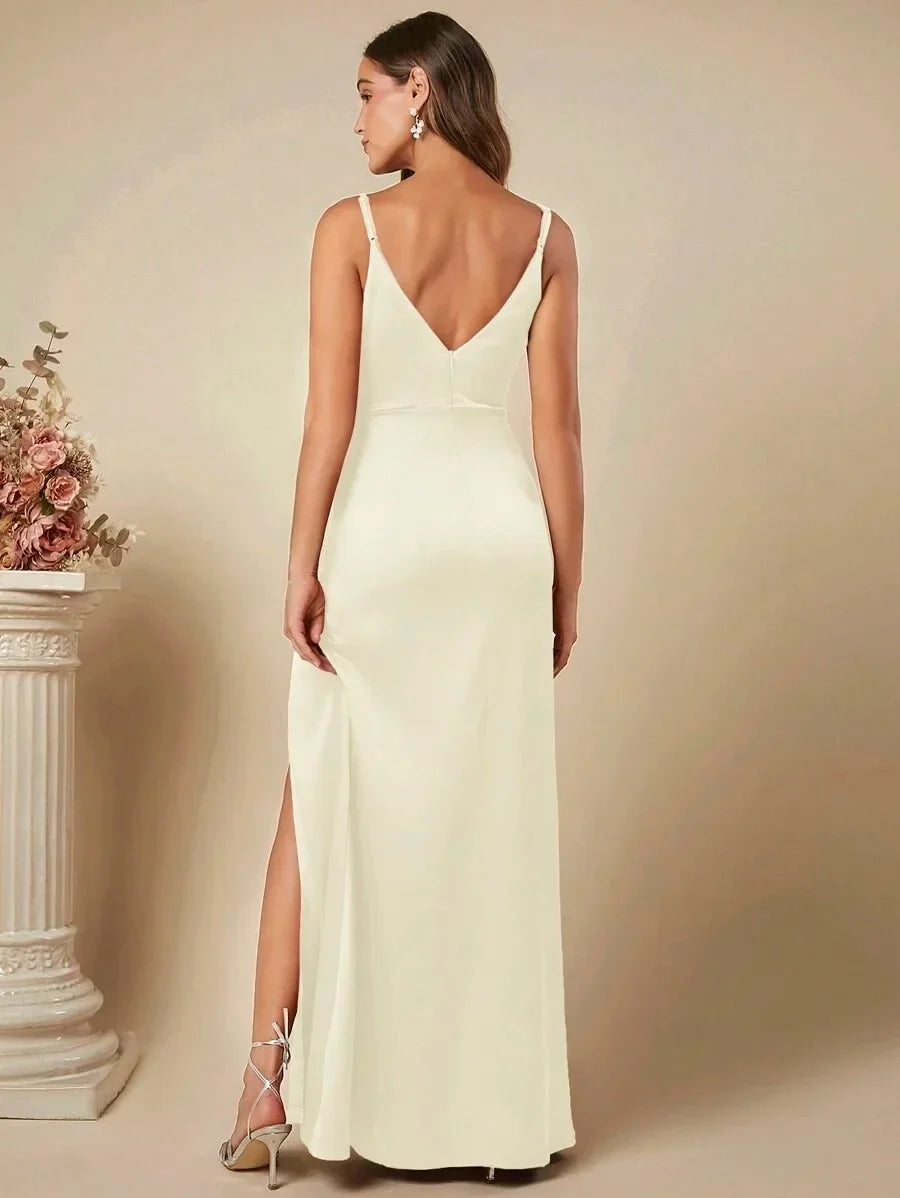 Elegant Maxi Satin Dress with Slit Detail - Reina
