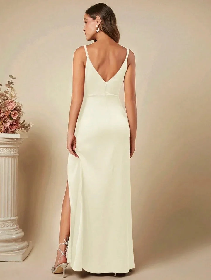 Elegant Maxi Satin Dress with Slit Detail - Reina