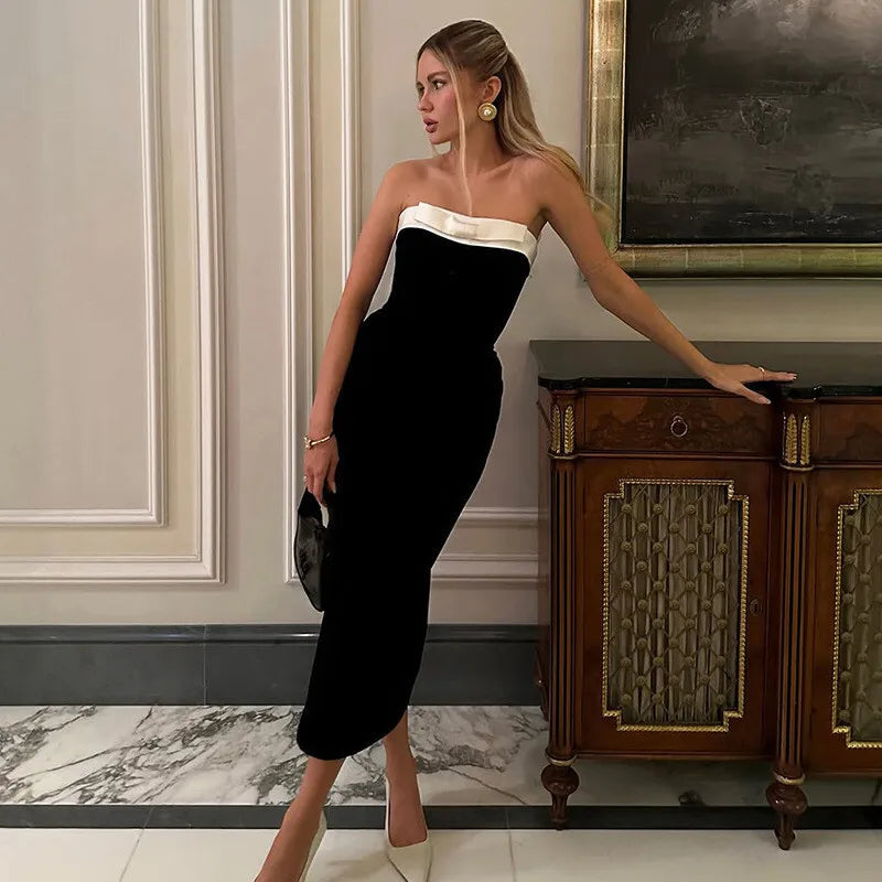 Elegant Strapless Midi Dress with Bow Detail - MORA