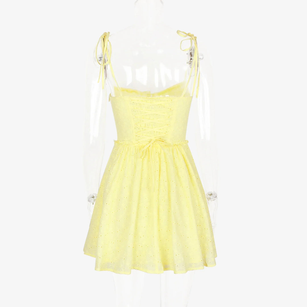 A-Line Mini Dress with Embroidery and Tie Straps - GAYA