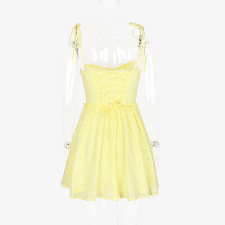 A-Line Mini Dress with Embroidery and Tie Straps - GAYA