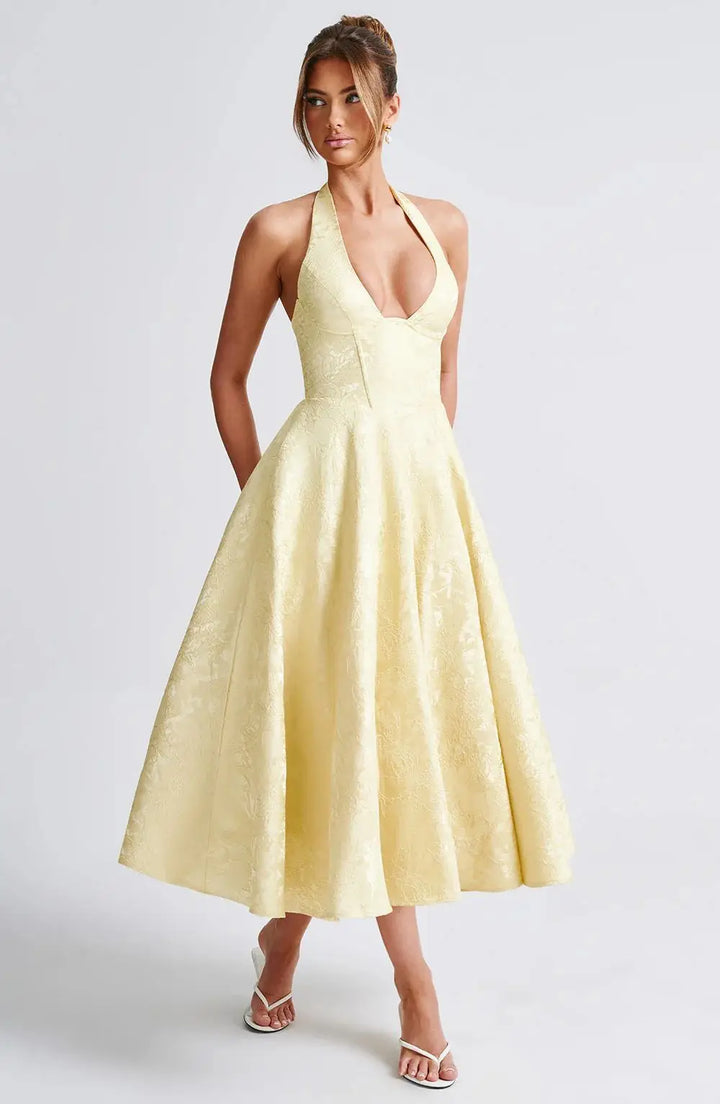 Midi A-Line Dress with Neck Tie, Open Back, Floral Embroidery Detail - Flora