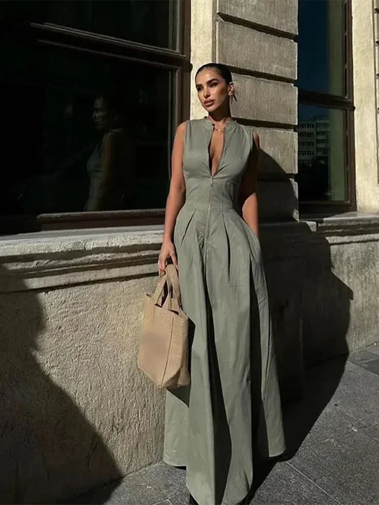 Tailored A-Line Maxi Dress with Front Zipper Closure - Adriana