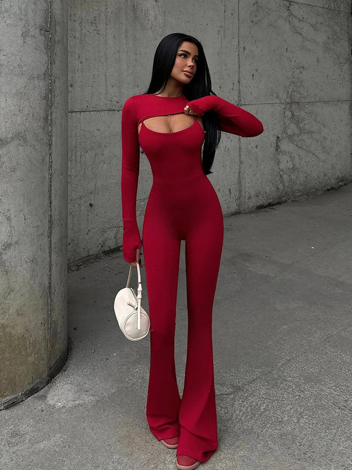 Pedal Pusher Jumpsuit with Shaping Fabric and Overlay Design - Vini