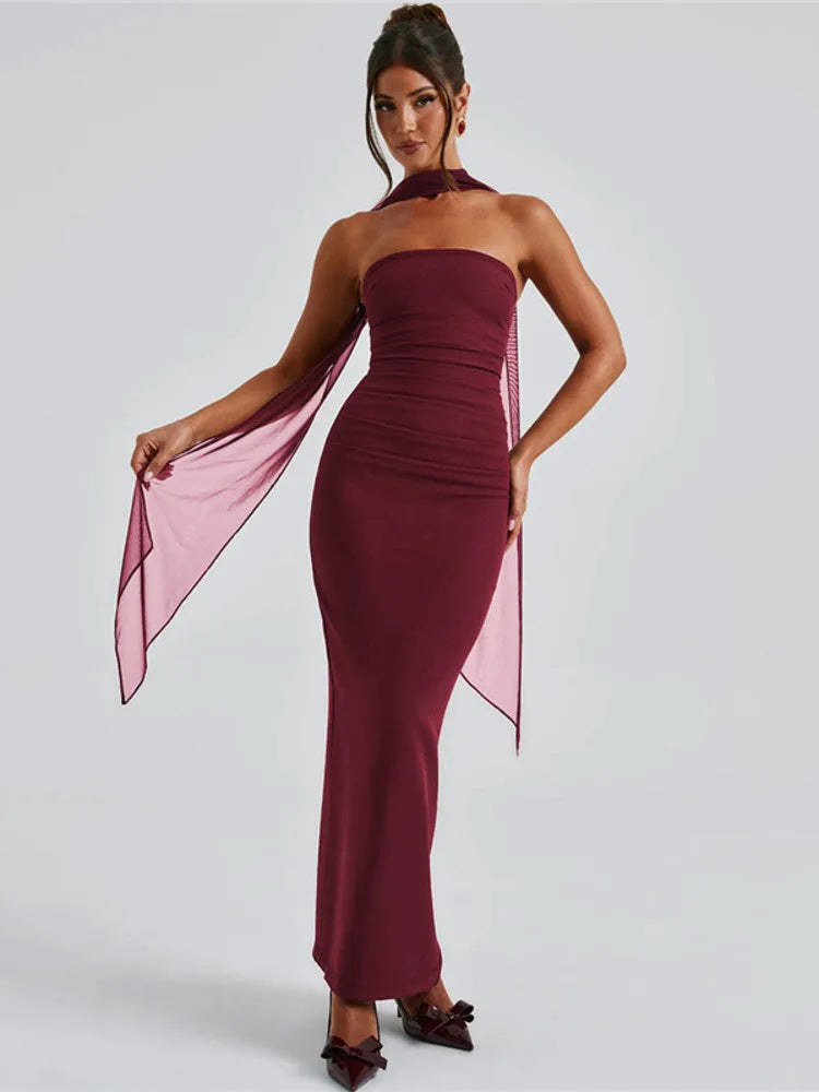 Maxi strapless dress with glove and chiffon scarf decoration - Annabel