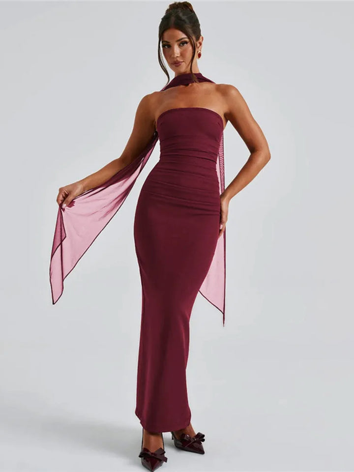 Maxi strapless dress with glove and chiffon scarf decoration - Annabel